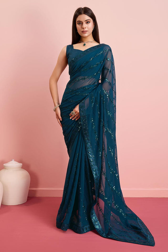 Teal Blue Georgette Embroidered Saree (ACY6814)