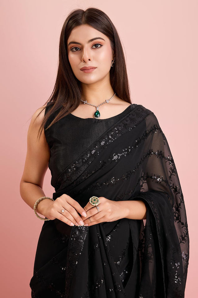 Black Georgette Embroidered Saree (ACY6815)