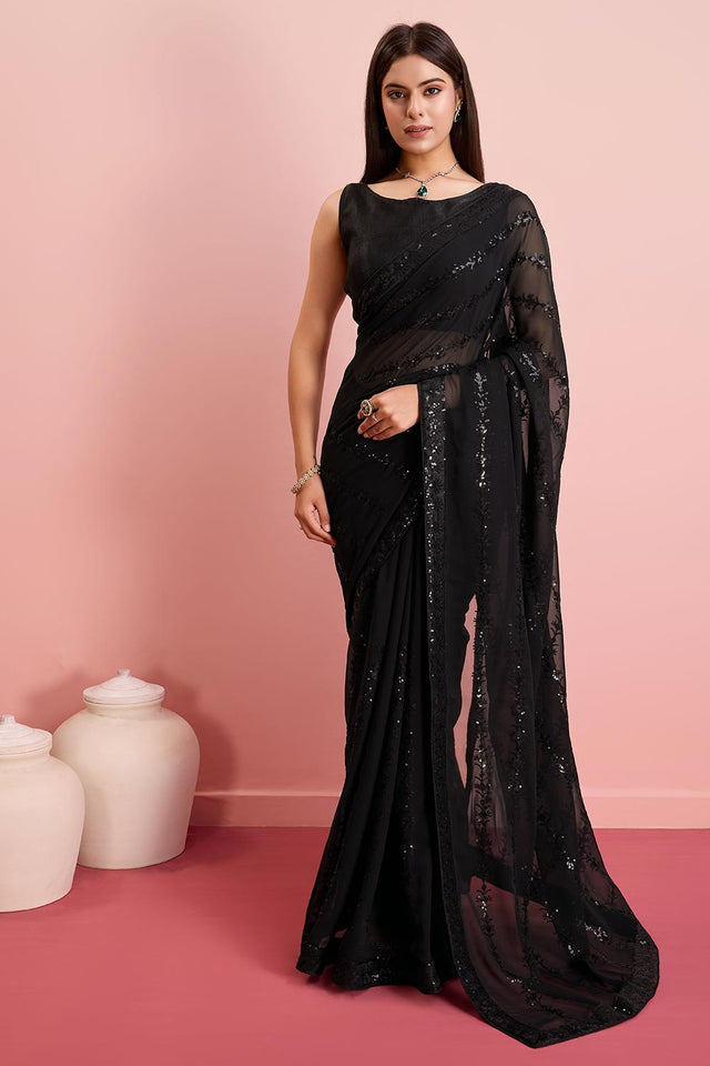 Black Georgette Embroidered Saree (ACY6815)