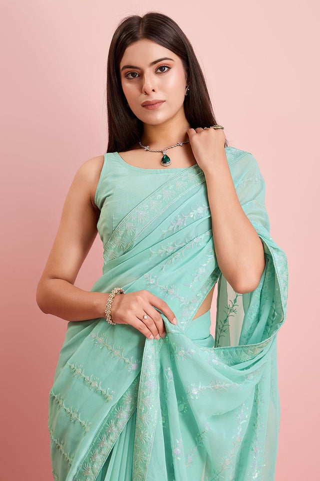 Sky Blue Georgette Embroidered Saree (ACY6816)