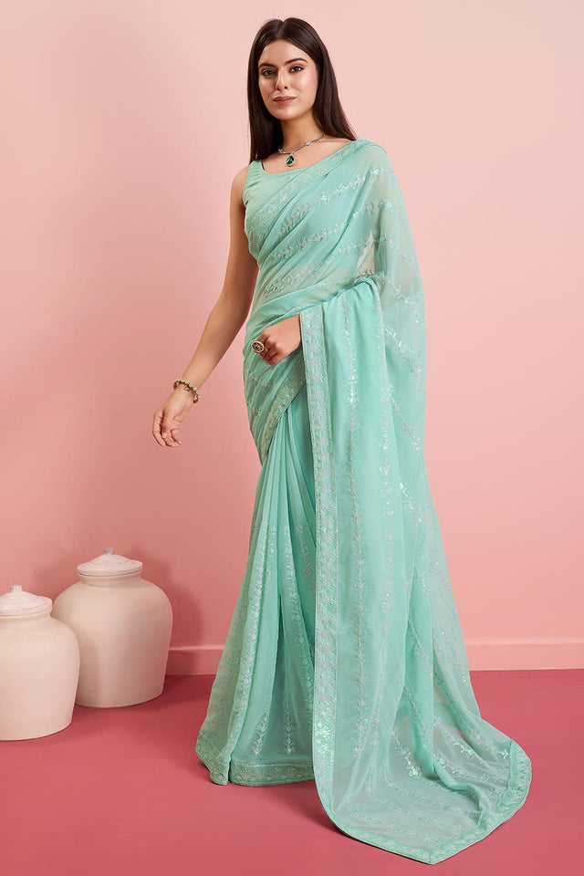 Sky Blue Georgette Embroidered Saree (ACY6816)