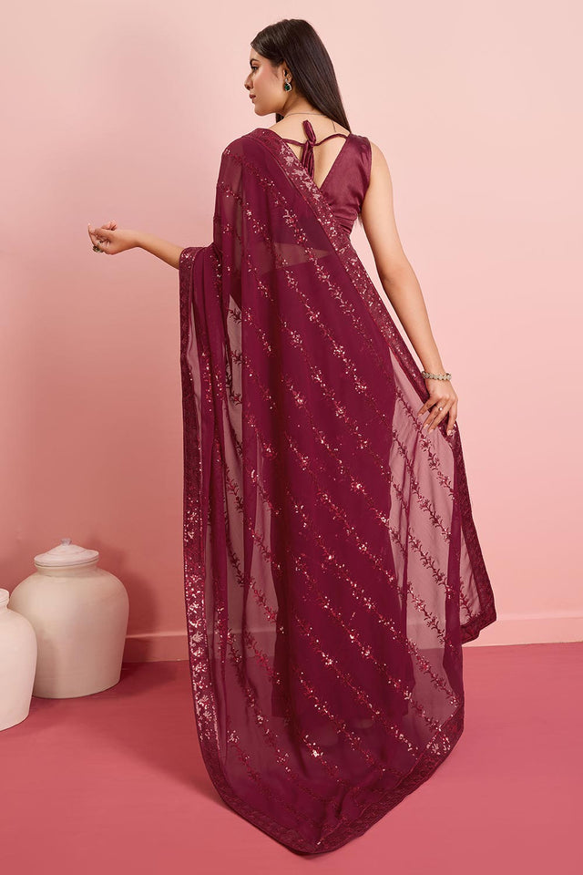 Burgundy Georgette Embroidered Saree (ACY6817)