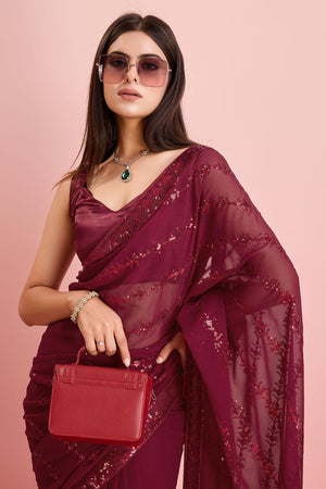Burgundy Georgette Embroidered Saree (ACY6817)