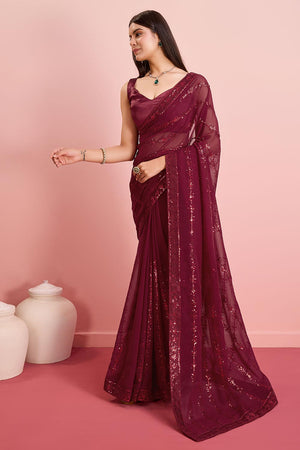 Burgundy Georgette Embroidered Saree (ACY6817)