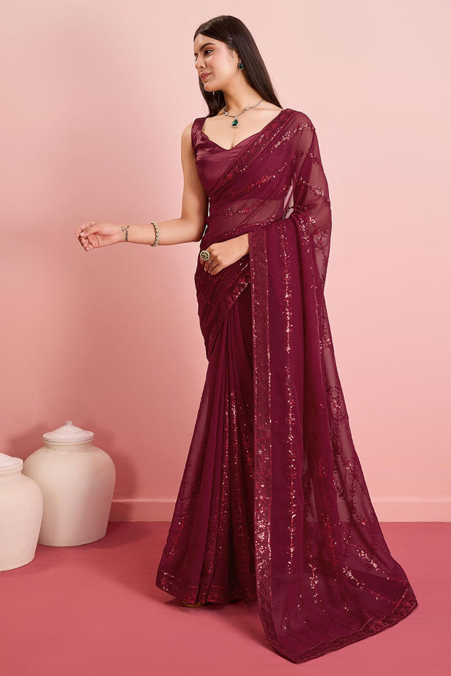 Burgundy Georgette Embroidered Saree (ACY6817)