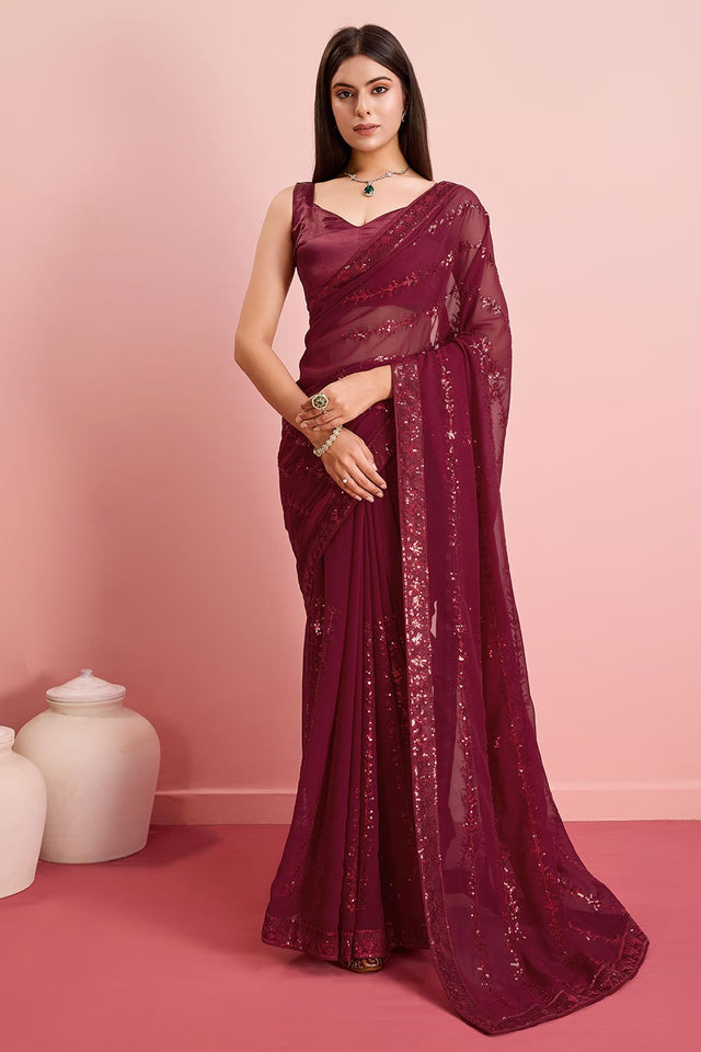 Burgundy Georgette Embroidered Saree (ACY6817)