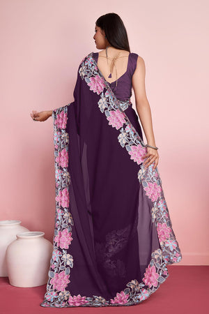 Purple Georgette Embroidered Saree (ACY6818)