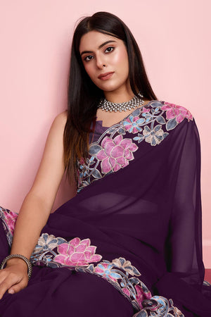 Purple Georgette Embroidered Saree (ACY6818)