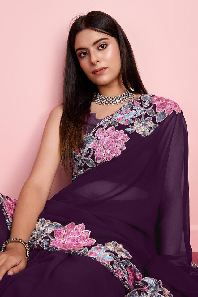 Purple Georgette Embroidered Saree (ACY6818)