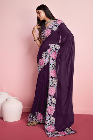 Purple Georgette Embroidered Saree (ACY6818)