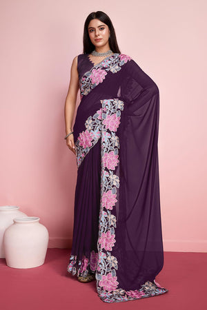 Purple Georgette Embroidered Saree (ACY6818)
