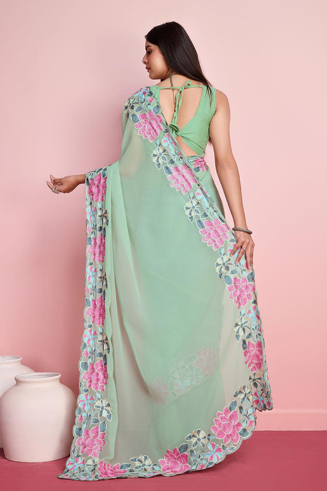 Pista Georgette Embroidered Saree (ACY6819)