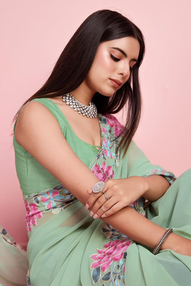 Pista Georgette Embroidered Saree (ACY6819)