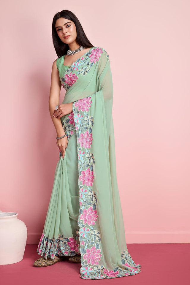 Pista Georgette Embroidered Saree (ACY6819)