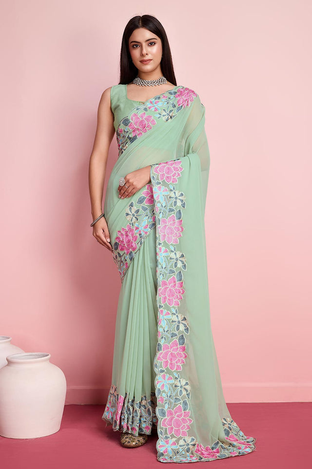 Pista Georgette Embroidered Saree (ACY6819)