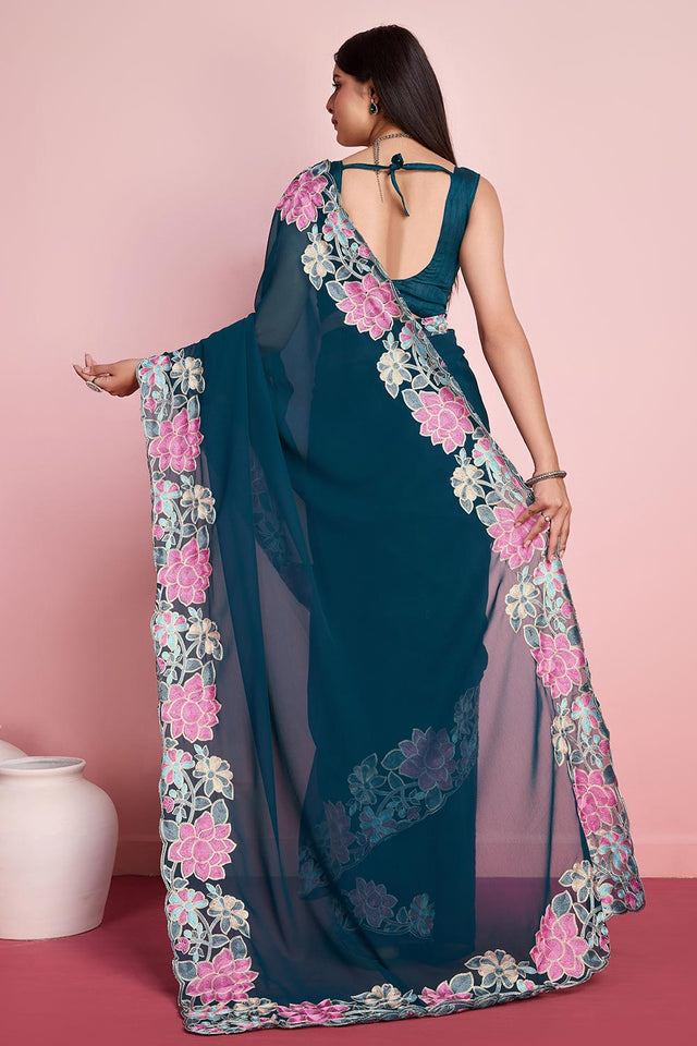 Teal Blue Georgette Embroidered Saree (ACY6820)