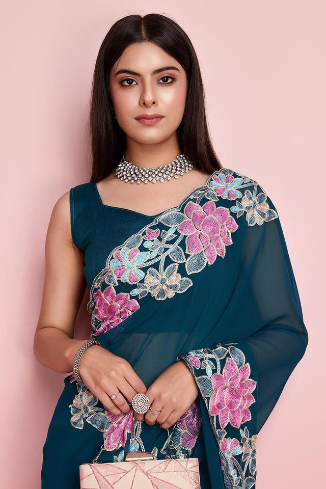 Teal Blue Georgette Embroidered Saree (ACY6820)