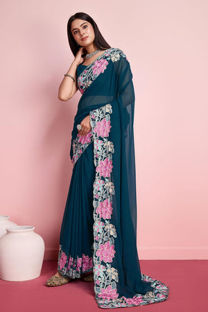 Teal Blue Georgette Embroidered Saree (ACY6820)