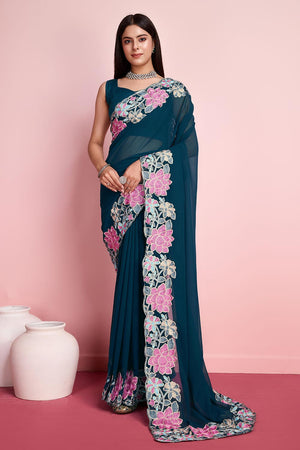 Teal Blue Georgette Embroidered Saree (ACY6820)