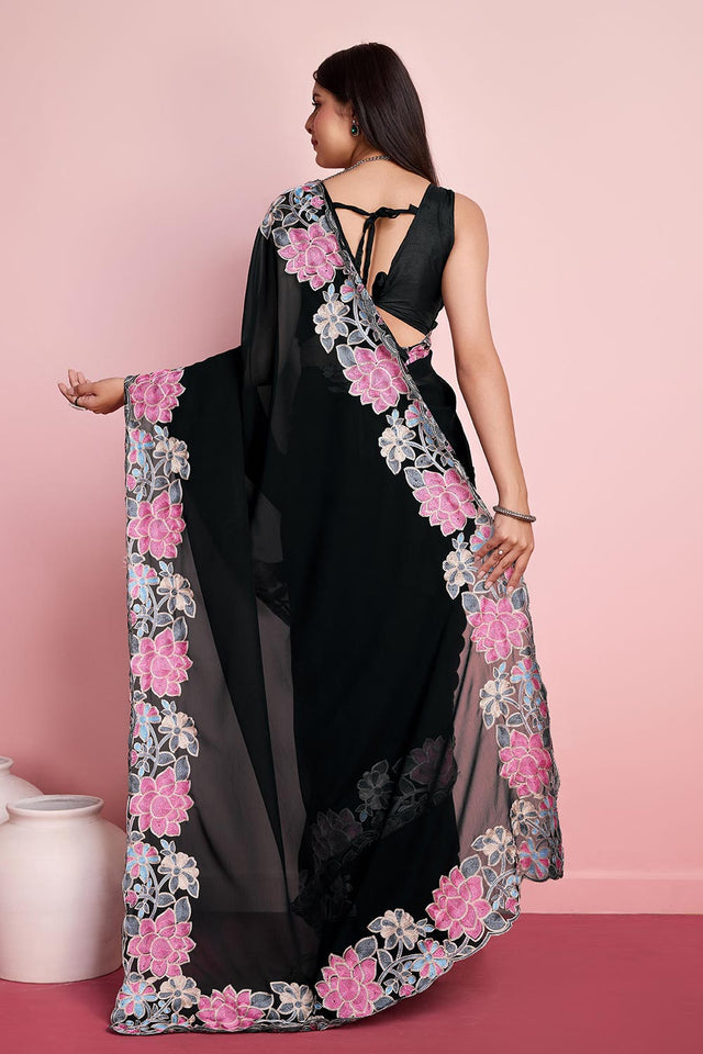 Black Georgette Embroidered Saree (ACY6821)