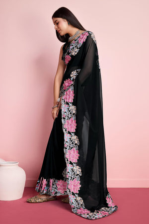 Black Georgette Embroidered Saree (ACY6821)