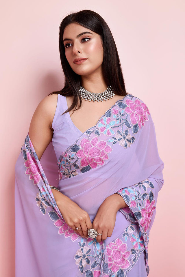 Voilet Georgette Embroidered Saree (ACY6822)
