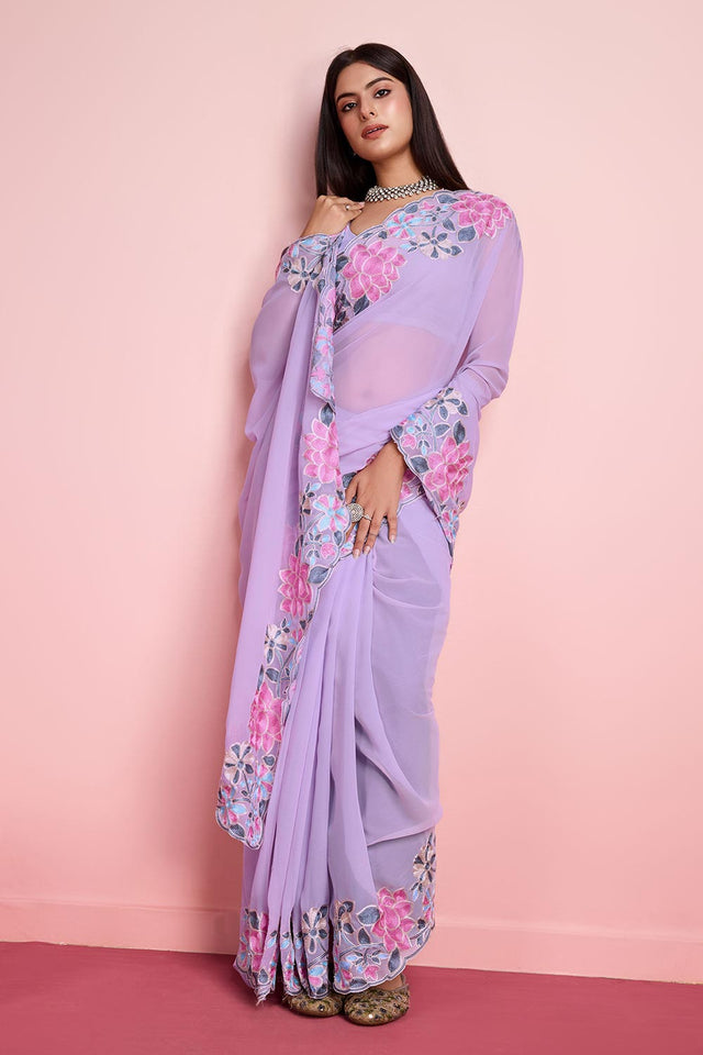 Voilet Georgette Embroidered Saree (ACY6822)