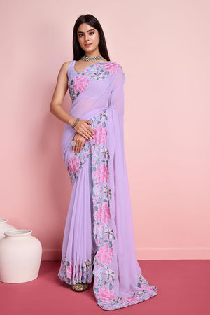 Voilet Georgette Embroidered Saree (ACY6822)