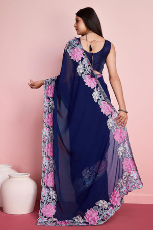 Blue Georgette Embroidered Saree (ACY6823)