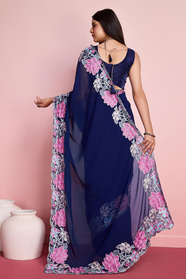 Blue Georgette Embroidered Saree (ACY6823)