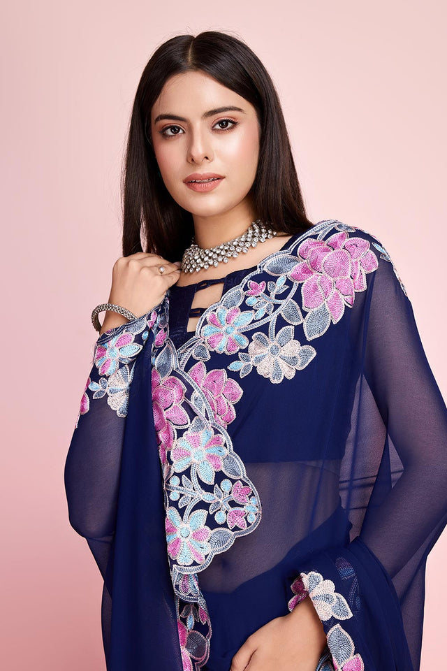 Blue Georgette Embroidered Saree (ACY6823)