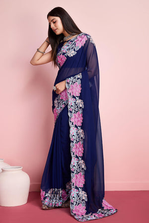 Blue Georgette Embroidered Saree (ACY6823)