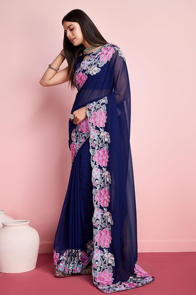 Blue Georgette Embroidered Saree (ACY6823)