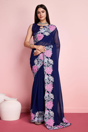 Blue Georgette Embroidered Saree (ACY6823)