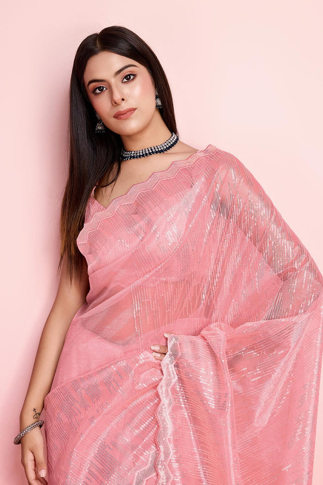 Rust Net Embroidered Saree (ACY6826)
