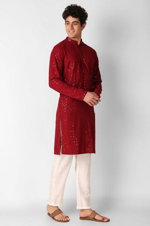 Maroon Cotton Embroidered Long Kurta