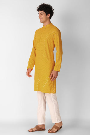 Yellow Cotton Embroidered Long Kurta