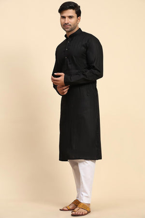 Black Cotton Woven Long Kurta (ACY6853)