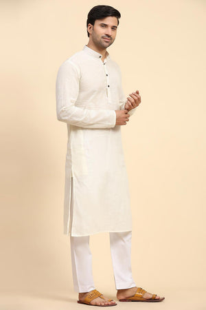 Off White Cotton Woven Long Kurta (ACY6854)