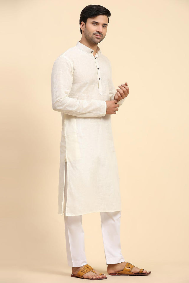 Off White Cotton Woven Long Kurta (ACY6854)