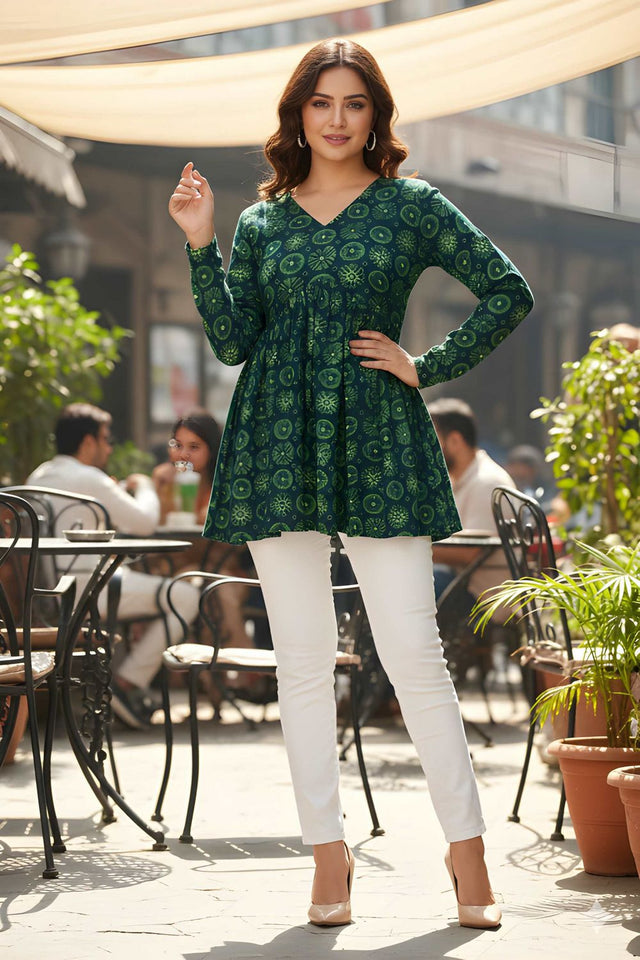 Green Printed Silk Short Kurti (ACY8190)