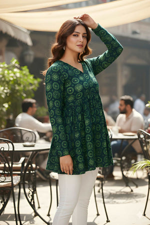 Green Printed Silk Short Kurti (ACY8190)