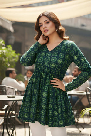 Green Printed Silk Short Kurti (ACY8190)