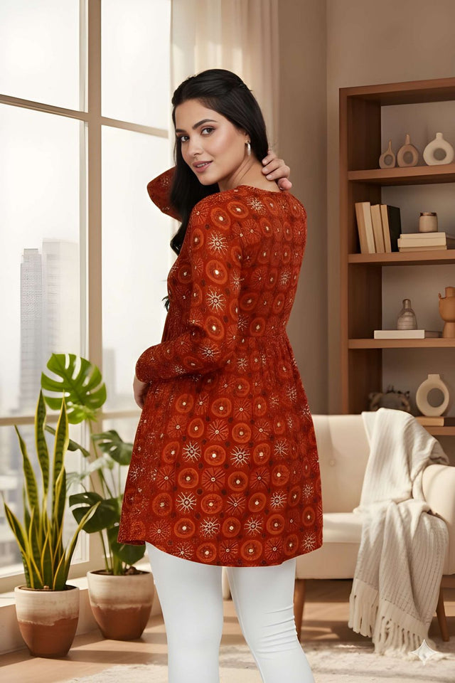Red Printed Silk Short Kurti (ACY8191)