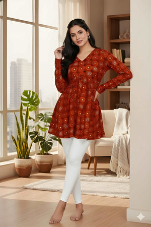 Red Printed Silk Short Kurti (ACY8191)