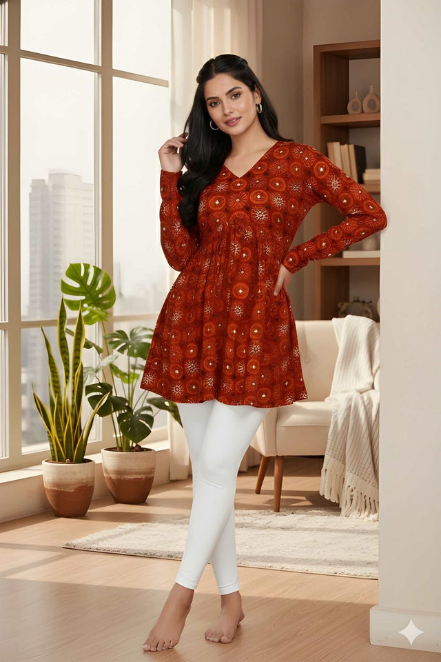 Red Printed Silk Short Kurti (ACY8191)