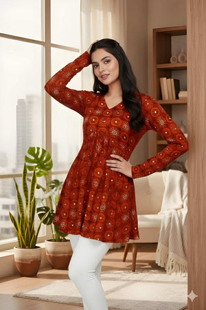 Red Printed Silk Short Kurti (ACY8191)