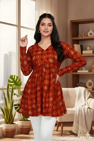 Red Printed Silk Short Kurti (ACY8191)
