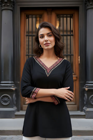 Black Printed Rayon Short Kurti (ACY8192)