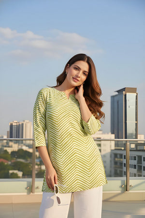 Green Printed Cotton Blend Short Kurti (ACY8193)